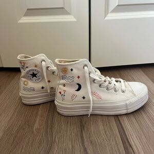 Converse White Platform High-Tops with Embroidery